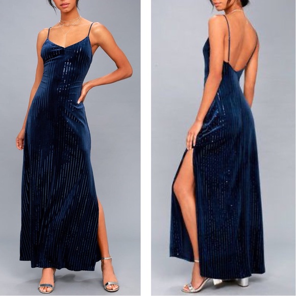 Lulus Dresses & Skirts - Lulu’s blue velvet sequin side slit maxi dress